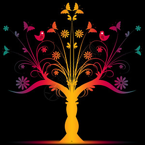 色彩多的艺术树鸟和蝴蝶印在黑色背景上图片