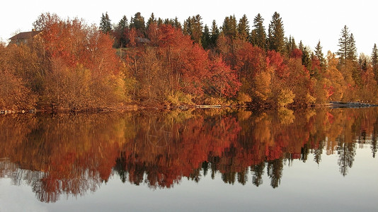 镜像湖和多彩树木的秋幕风景图片