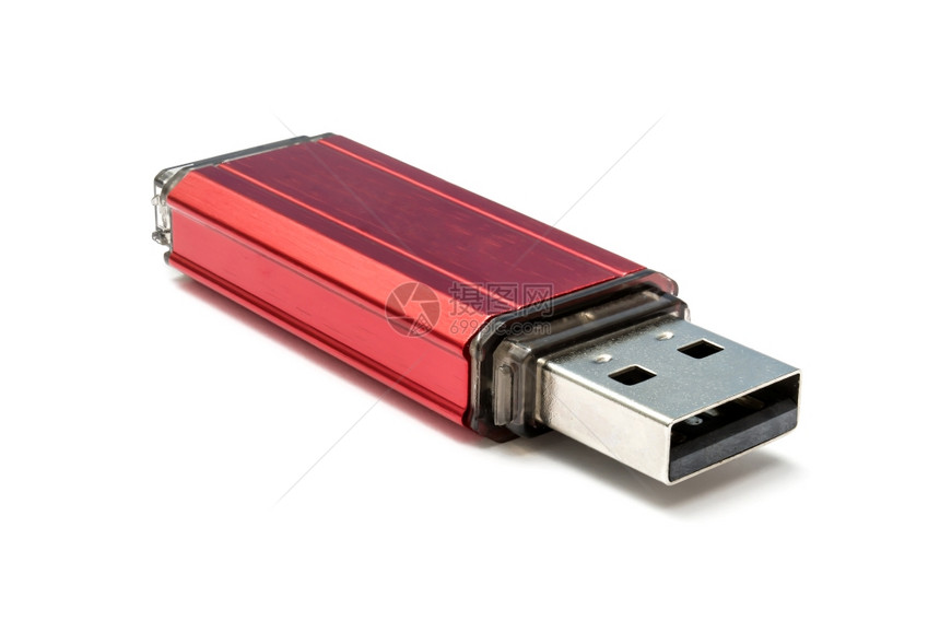红USB闪光驱动器白色上隔离图片