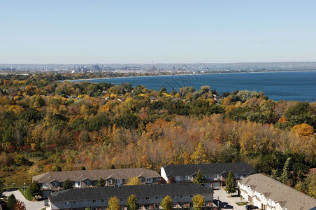 从屋顶的景色公寓高楼升至汉密尔顿市中心港口与钢铁工业在地平线上图片