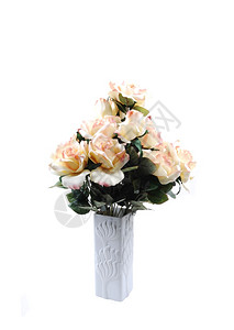 一束白色花瓶里的黄丝玫瑰白背景的花瓶图片