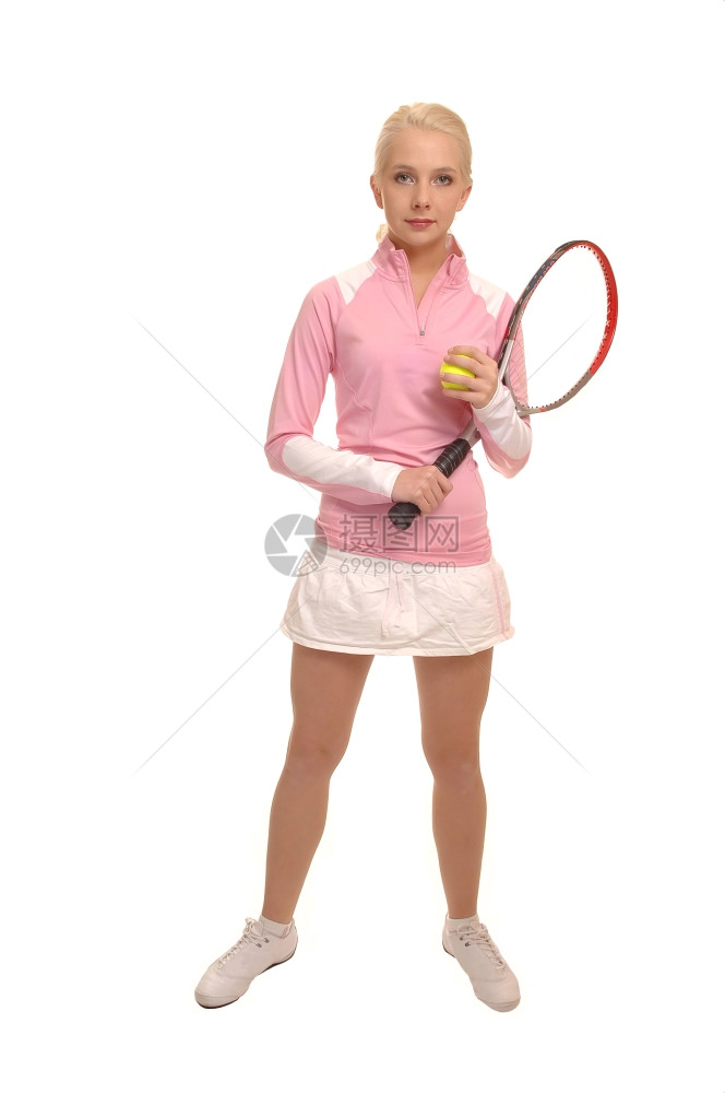 一个金发美女穿着网球拍和短裙的金发少女白种背景图片