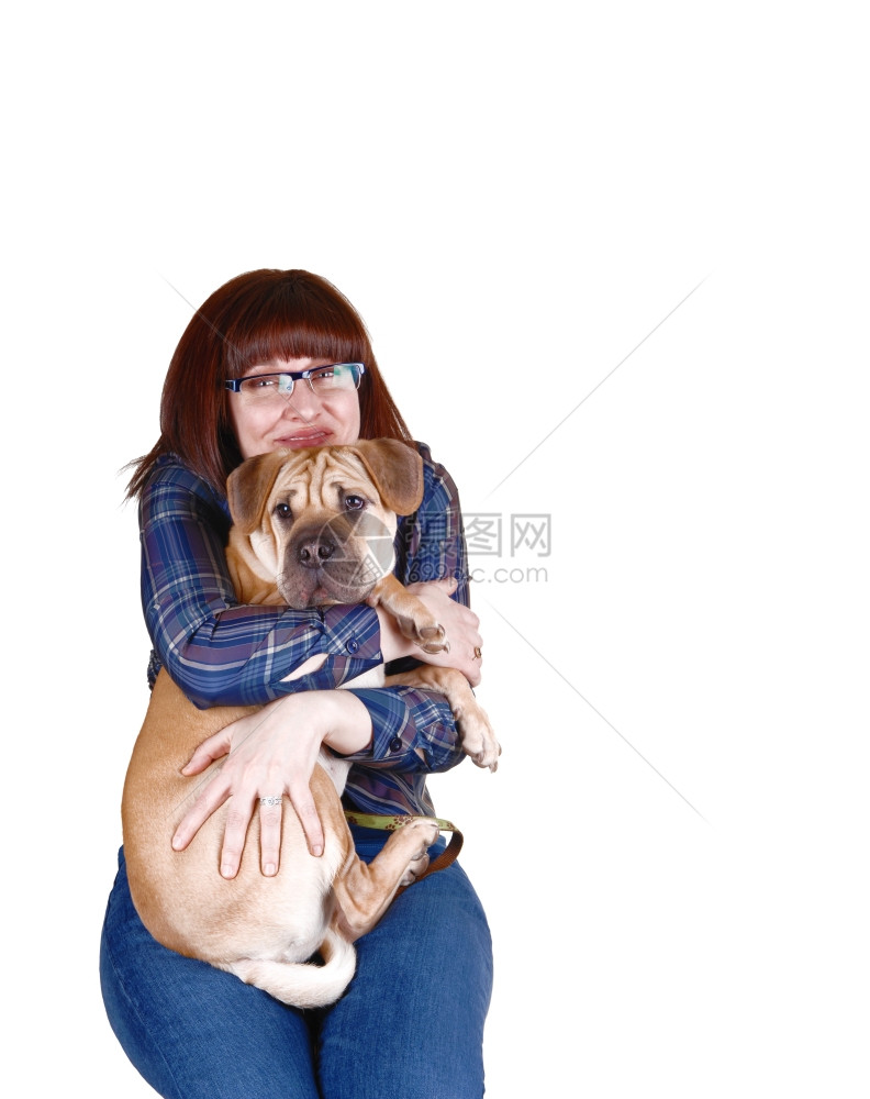 一位四十多岁的漂亮女士红头发的腿上有她的长毛狗怀着白色背景拥抱他图片