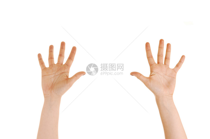 一位年轻女子的手高举掌伸向白底的相机图片