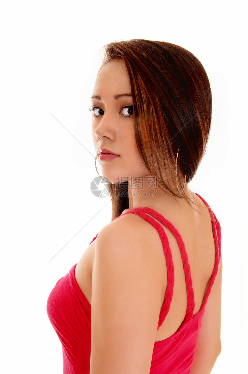 一张来自个美丽的亚洲女人背面肖像照片看着她的肩膀孤立在白色背景上图片