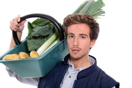 带蔬菜篮子的青年农民高清图片
