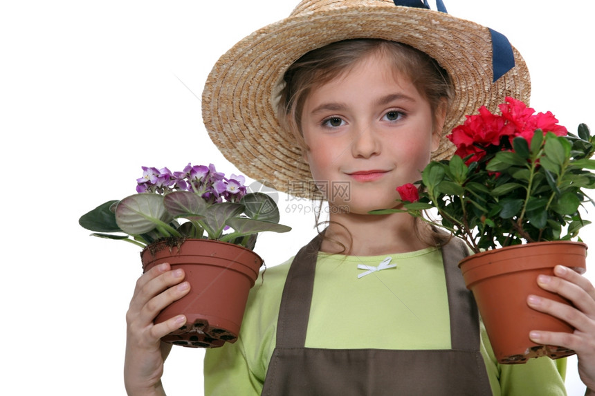 小女孩把两株植物放在锅里图片