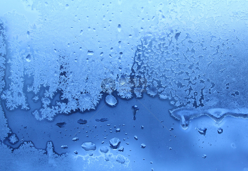 冬季玻璃上的蓝色冰和水滴图片