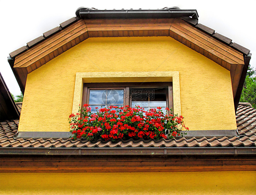 黄石屋的阁楼窗装饰着美丽明亮的翡翠花图片
