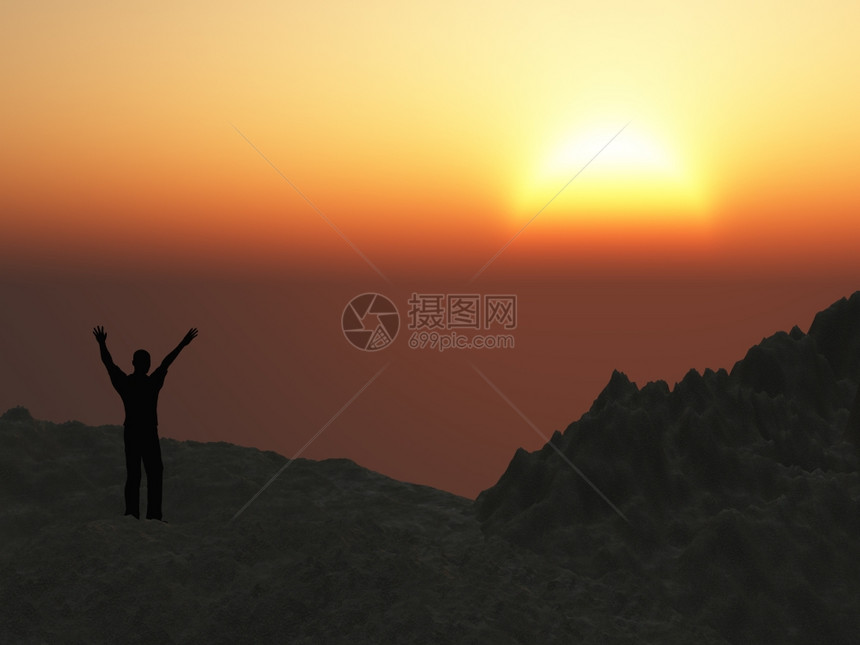 高山上的人举起手来朝向闪耀的日落图片