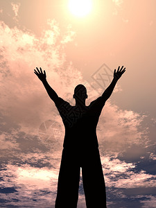 自由一个男人在后太阳和彩色天空上的轮廓图片