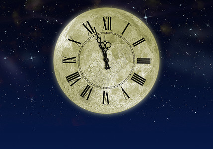 星空中的时钟月亮背景图片