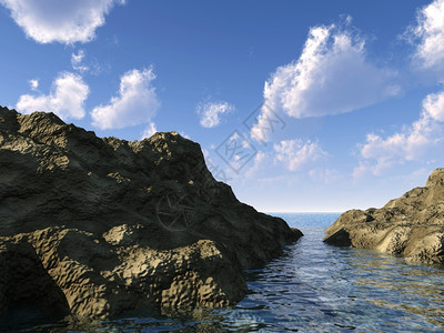 岩石和海3D岩石和云层的天空图片