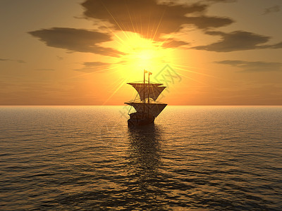 在极有效日落的背景下远处漂浮的船舶图片