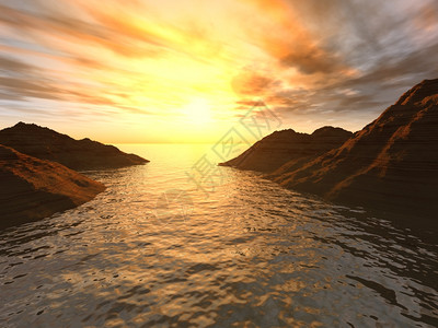 在海湾中日落光辉的海湾与有效日落图片