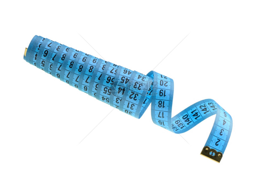 测量裁缝蓝色颜的磁带它被隔离在白色背景上图片