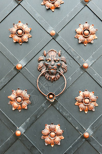 带有狮子头形状把手的铁门的细节乌克兰利沃夫图片