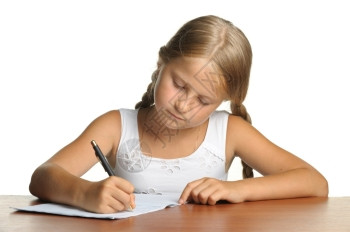 女孩写书决定课程孤立在白色背景上图片