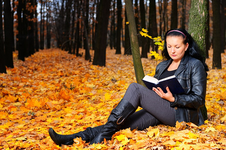那个有魅力的女人在秋天森林里读了那本书图片