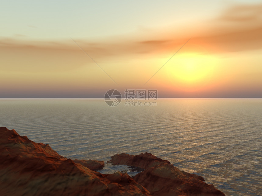 海湾上空黄的日落水和岩石图片