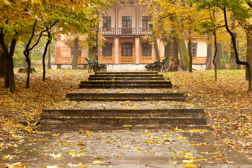 秋天公园和通往一栋大楼的步行道图片