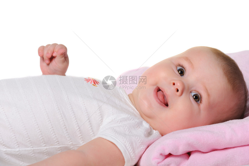 婴儿8个月大被隔离在白色背景上图片