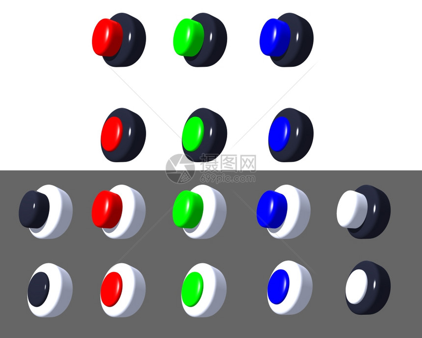 在选中的位置在关闭不同颜色的决定中在表面有光线补丁在白色和中调下隔离的三维按钮集图片