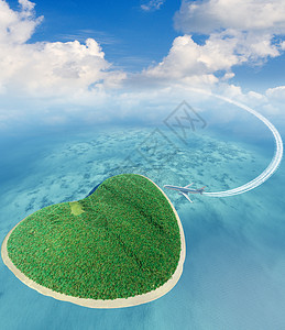 尾迹云飞机在心形岛屿上空飞行背景