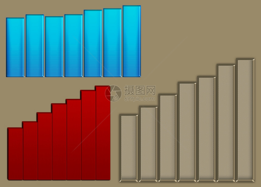 显示提升和商业蓬勃发展的3个直方图图片