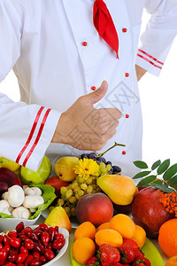 使用大拇指的厨师孤立于白色背景图片