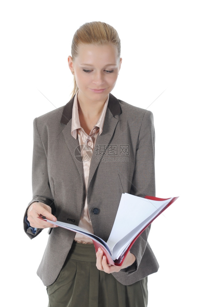 持有文件的商人妇女孤立的白人背景图片