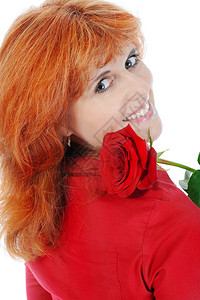 美丽的红发女有玫瑰白背景孤立无援图片