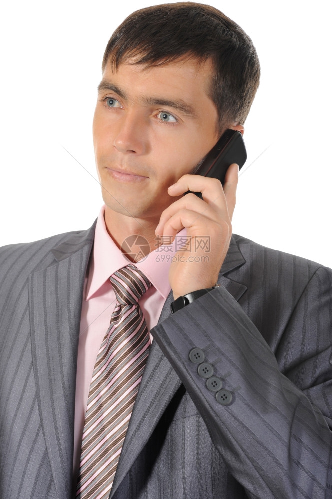 男人在电话上聊天孤立在白色背景上图片