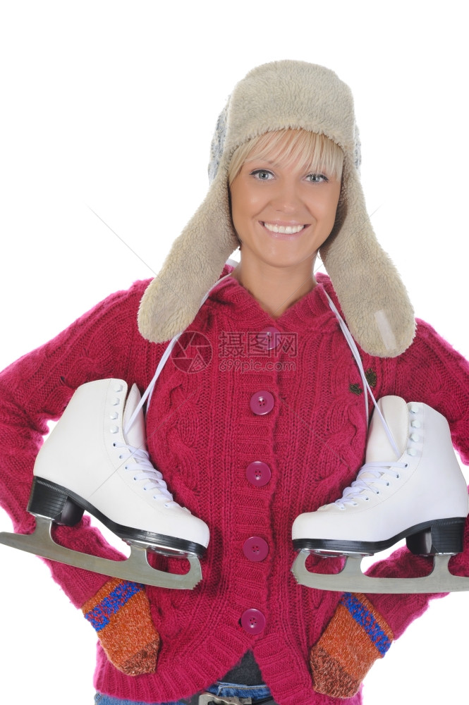 穿着溜冰鞋的年轻女子白背景孤立无援图片