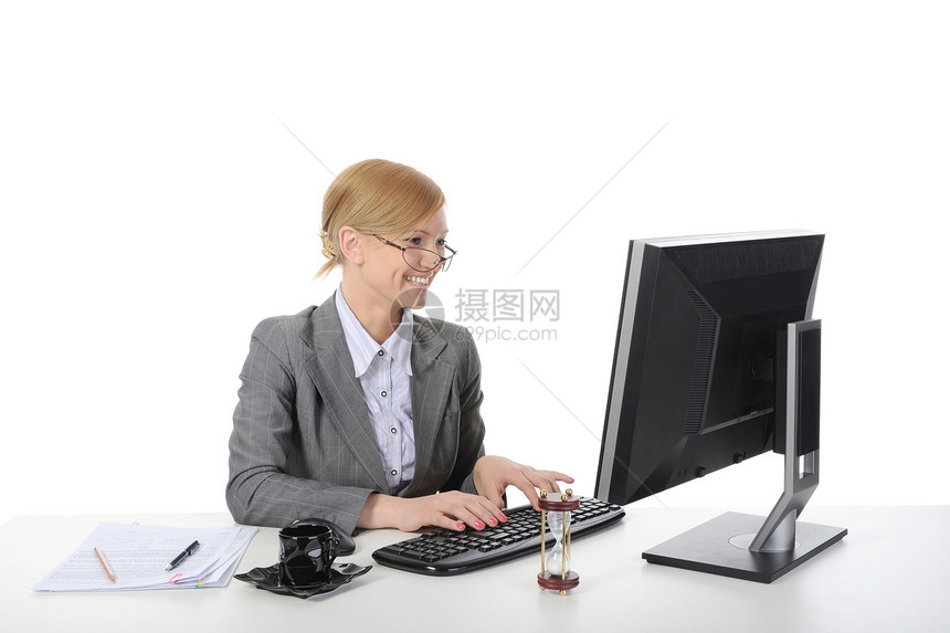 办公室里快乐的女商人白种背景的孤立无援图片
