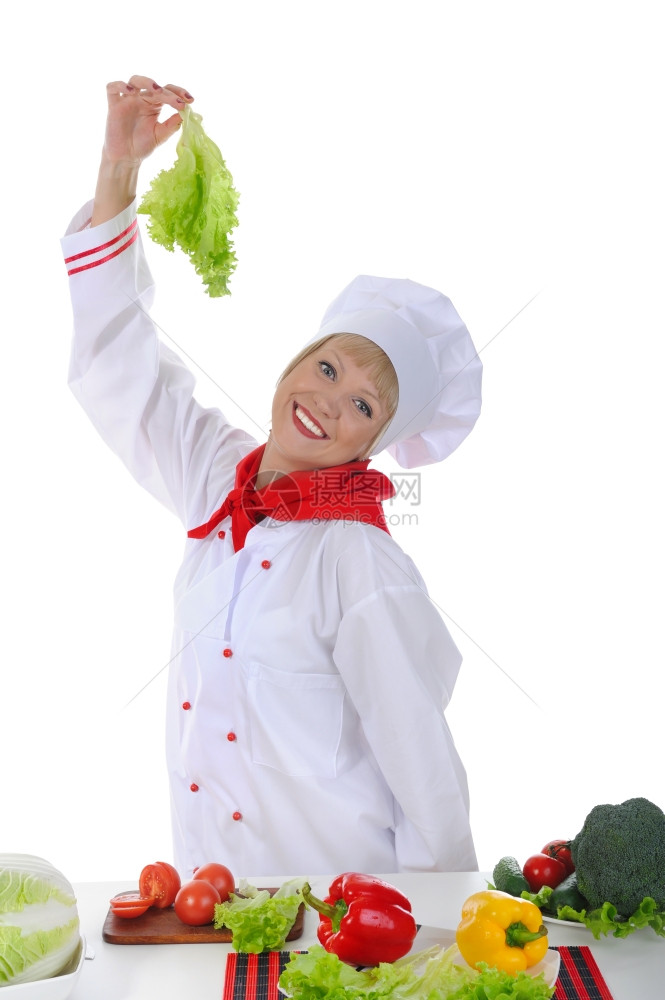 厨房里的年轻美厨师白背景孤立图片