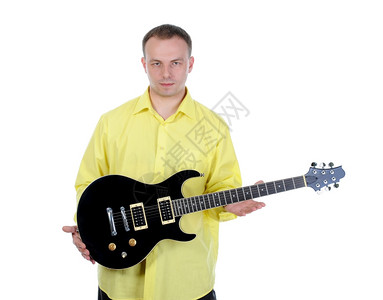 用吉他的人白种背景孤立的人图片