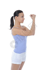 美丽的女运动员展示肌肉白种背景的孤立图片