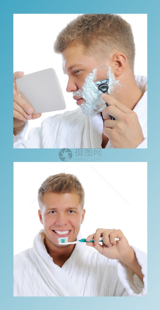 年轻人在早上的闭合时刮胡子图片
