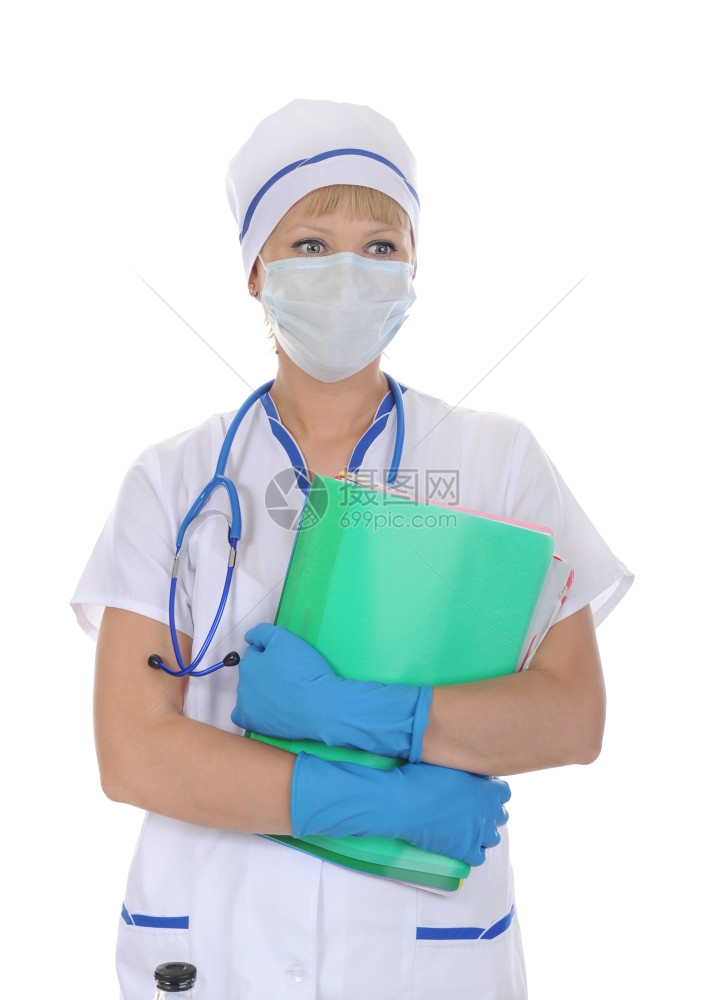 以白色背景孤立的医生带着文件面罩图片