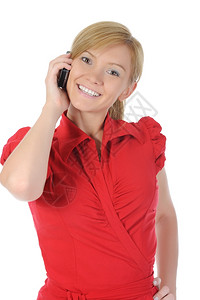 年轻女孩在电话上聊天孤立的白人背景图片