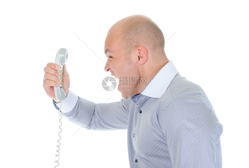 神经紧张的商人在电话上尖叫孤立在白色背景上图片