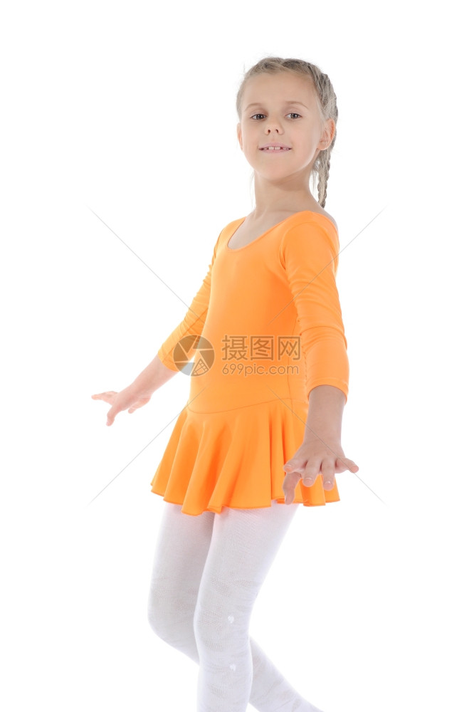 美丽的芭蕾舞穿着橙色裙子白背景孤立图片