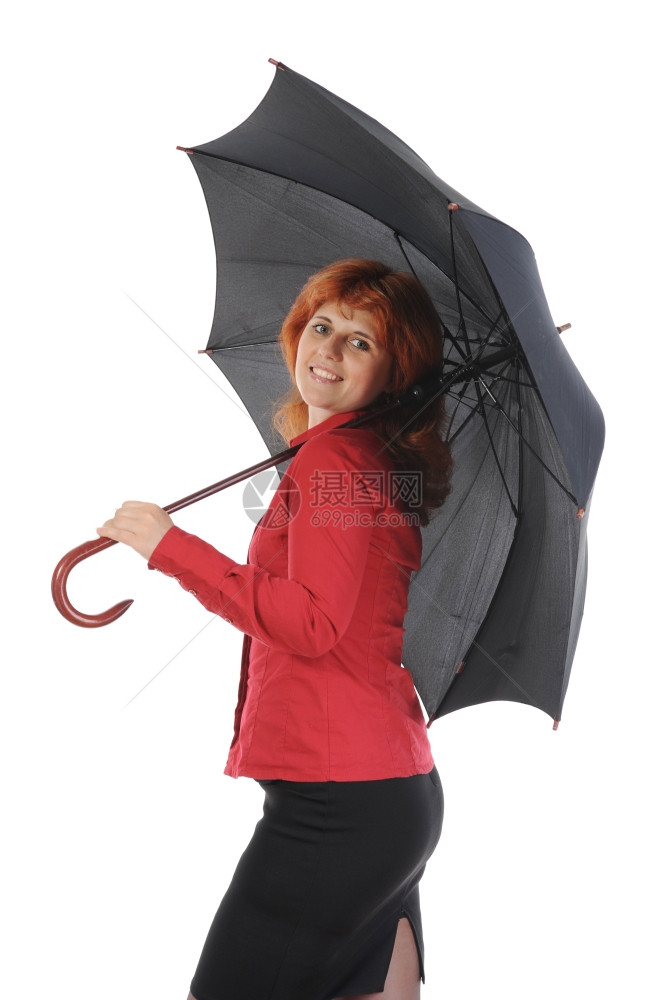 带着雨伞的年轻女子孤立于白种背景图片