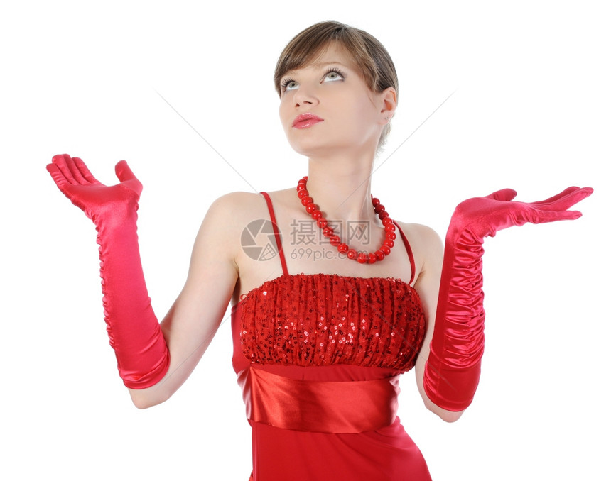 穿着红手套的美女举起来孤立在白种背景上图片