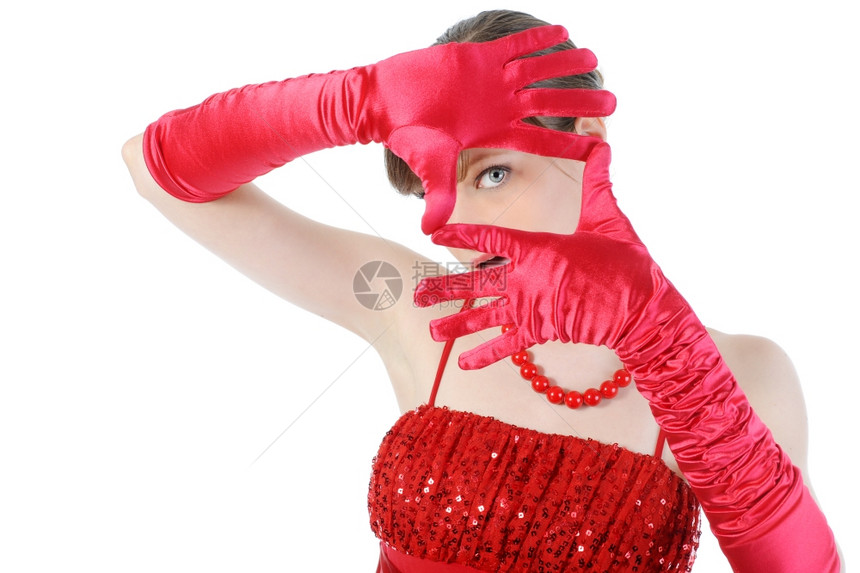 身戴红色手套的年轻女白种背景孤立无援图片