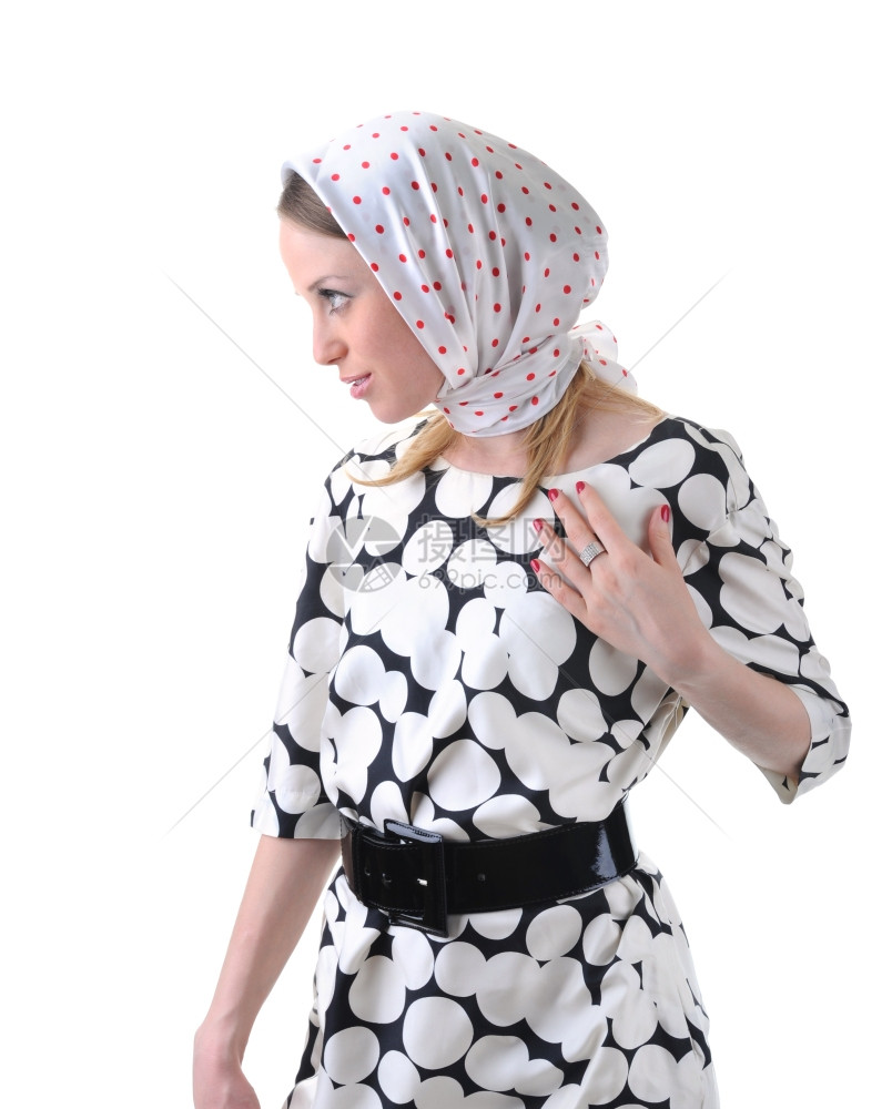 脸谱中一个戴着头巾的漂亮女孩肖像孤立在白色背景上图片