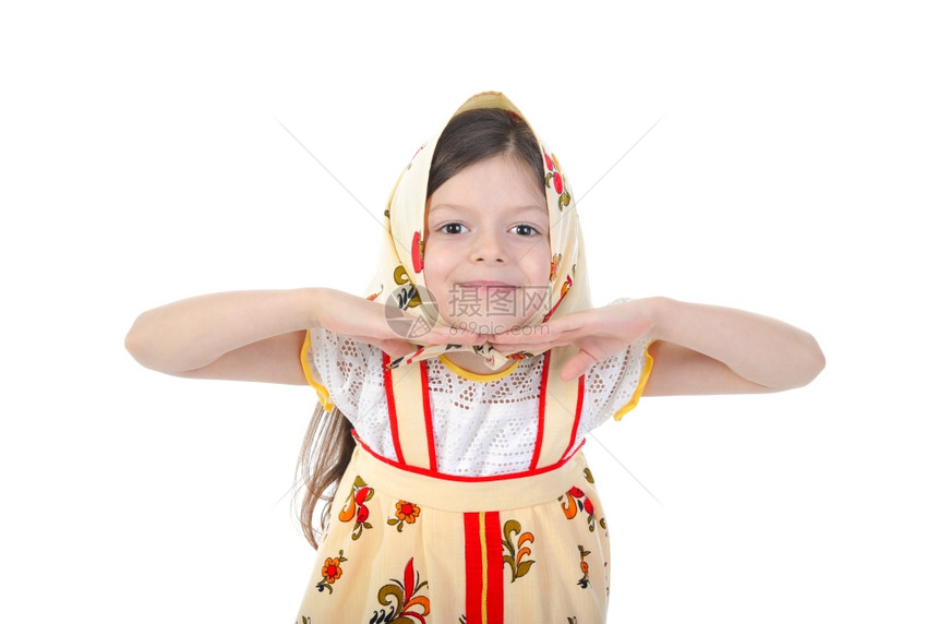 参加围巾舞的小女孩孤立于白人背景图片