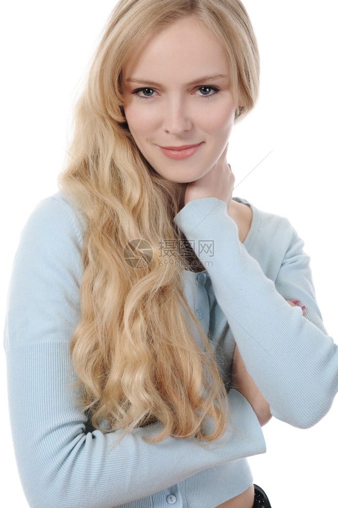 一个长头发美丽的年轻女子肖像白背景孤立图片