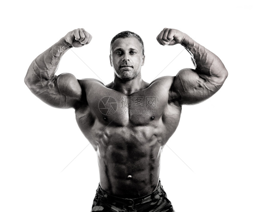 健壮的体力运动男子适合肌肉的身体孤立于白种背景图片